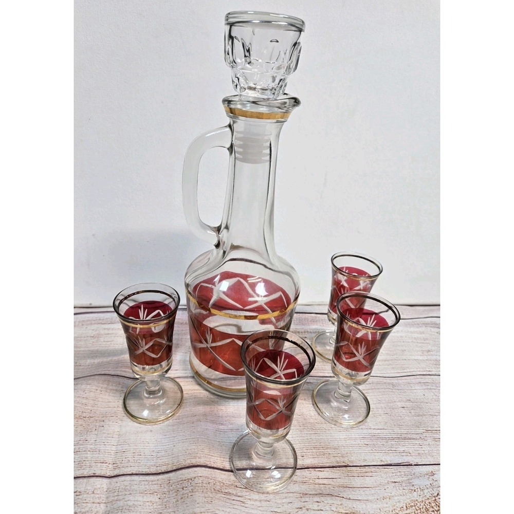 VTG 1960 Italian Cut Glass Cristalleria Ruby Decanter & 4 Cordial Glasses